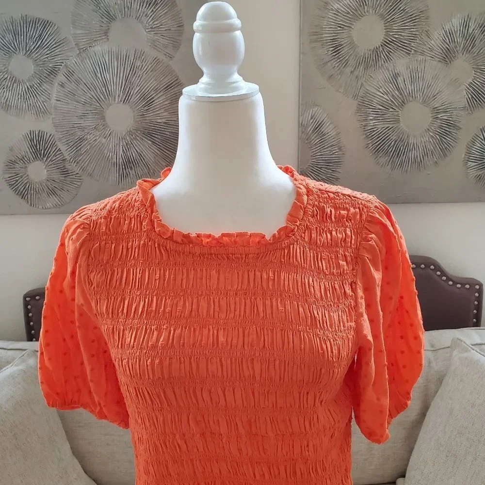 🦋 J.CREW 🦋 Puff-Sleeve Dot Textured Voile Smocked Top - [Small, Orange]